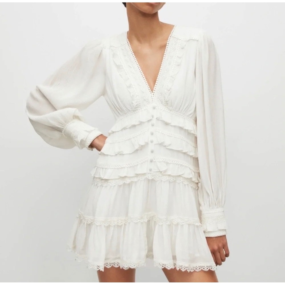 AllSaints Zora Lace Trim Mini Dress White Size 6 NWT Tiered Ruffle V-Neck